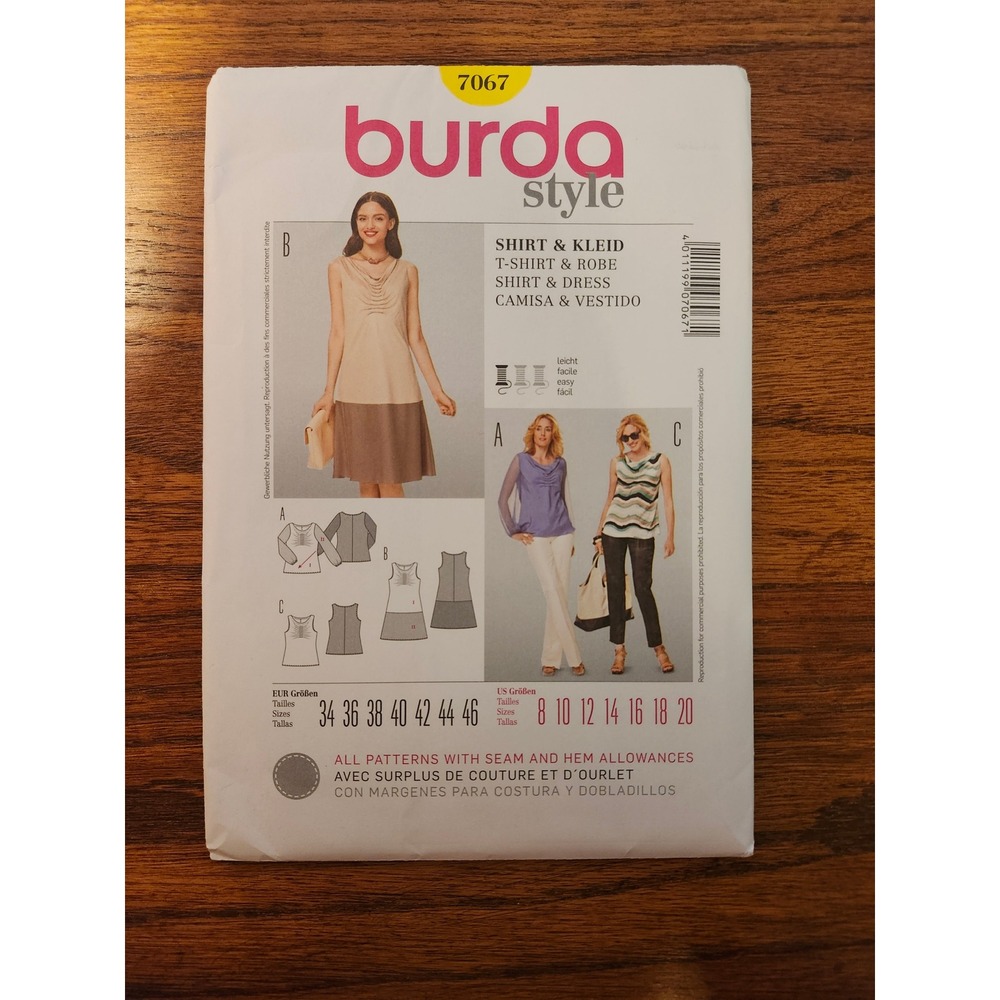 Burda Style 7067 Sewing Pattern Shirt and Dress Pleated Neckline Sizes 8-20